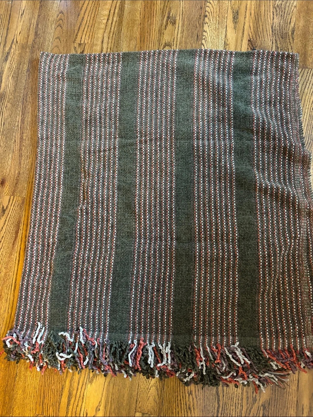 Moss green Striped Fringe Throw with cream orange Accents